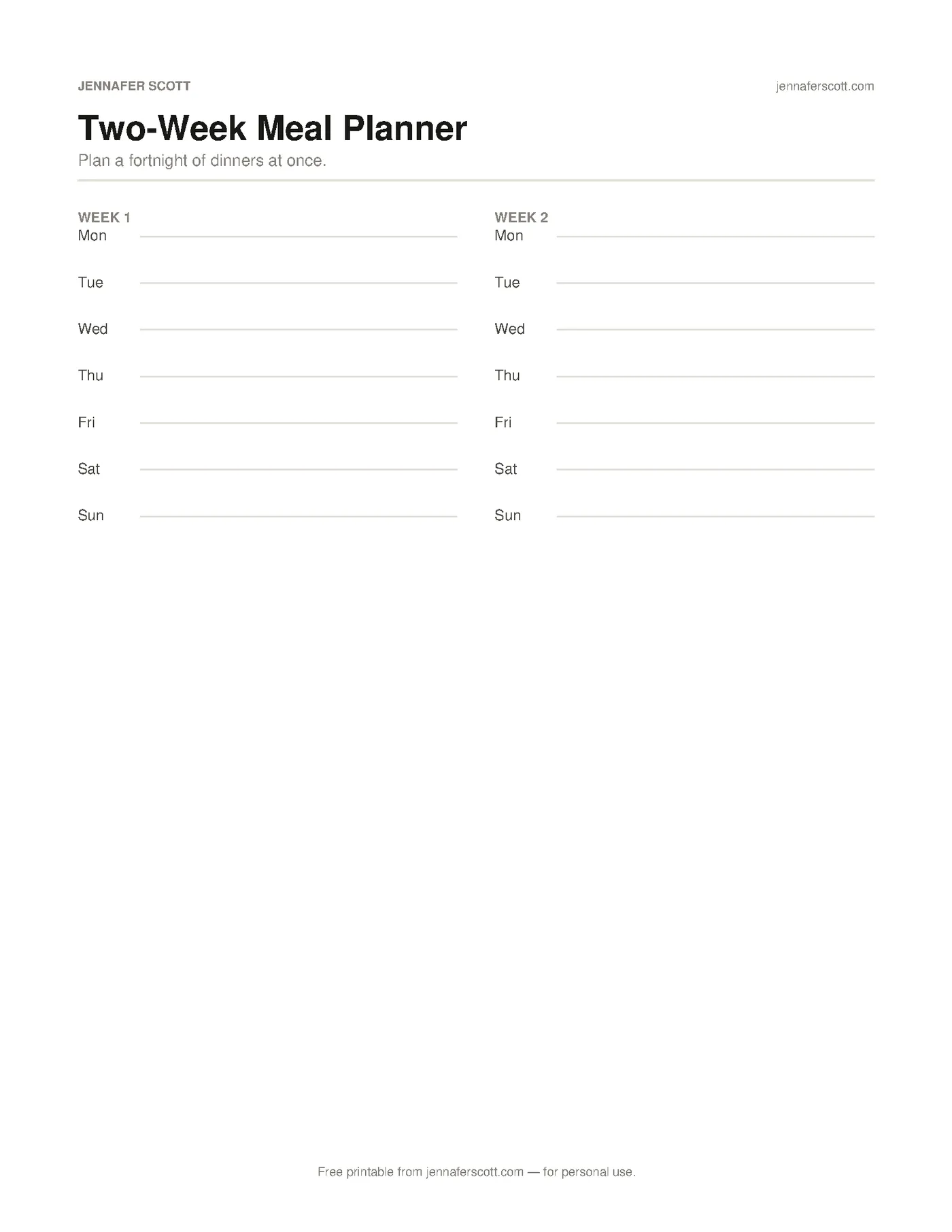 Free Printable Two-Week Meal Planner — printable preview