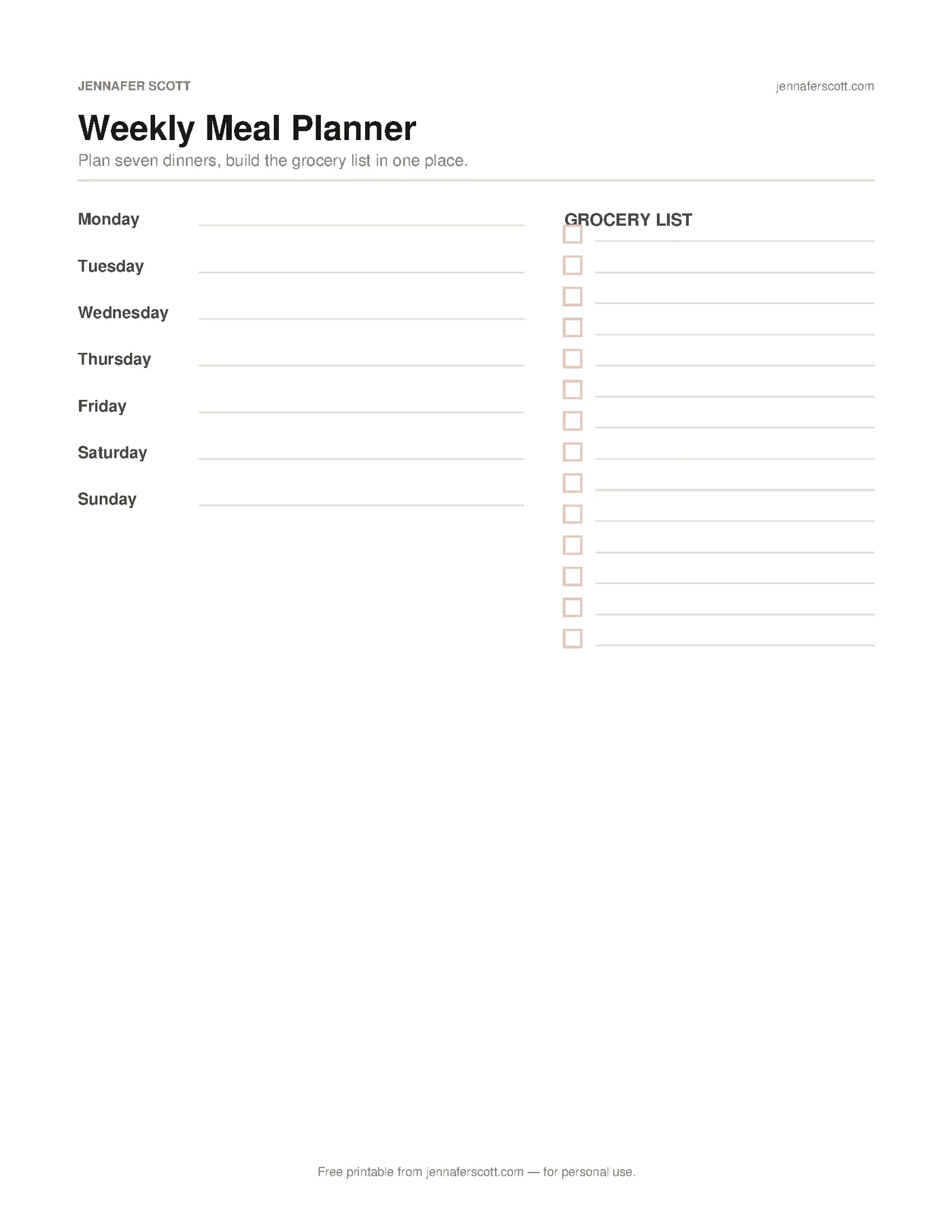 Free Printable Weekly Meal Planner — printable preview
